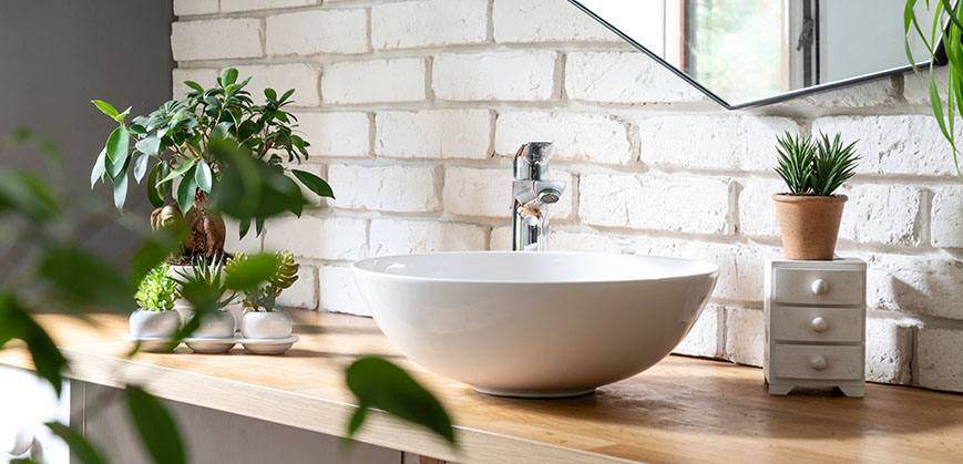 Hölzernes Regal mit weißem Waschbecken und kleinen Pflanzen