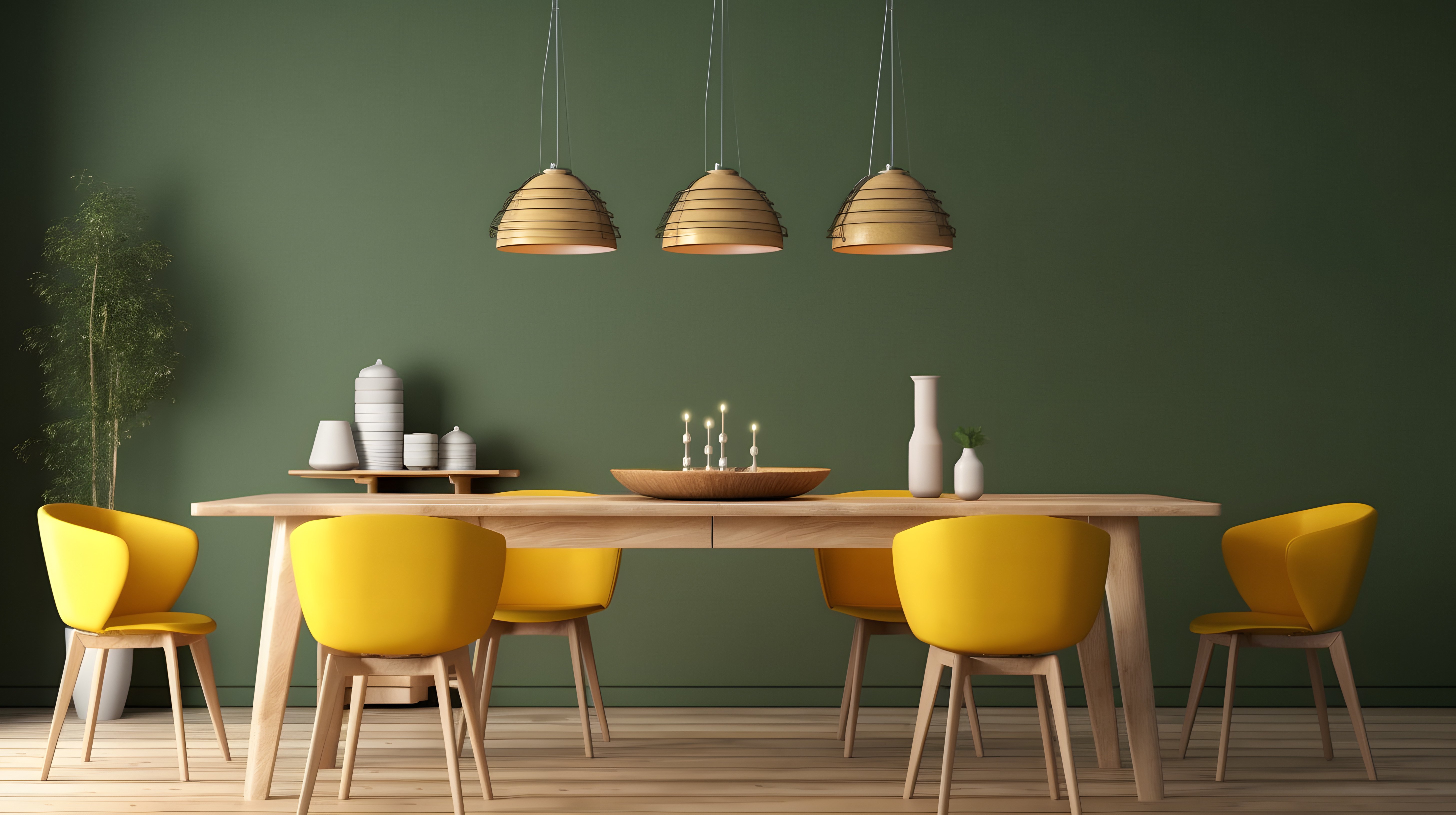 Ein ausziehbarer Esstisch ist umgeben von sechs gelben Stühlen. Der Tisch ist aus Holz. Auf dem Tisch stehen Deko- Elemente. Über dem Tisch hängt eine Lampe.