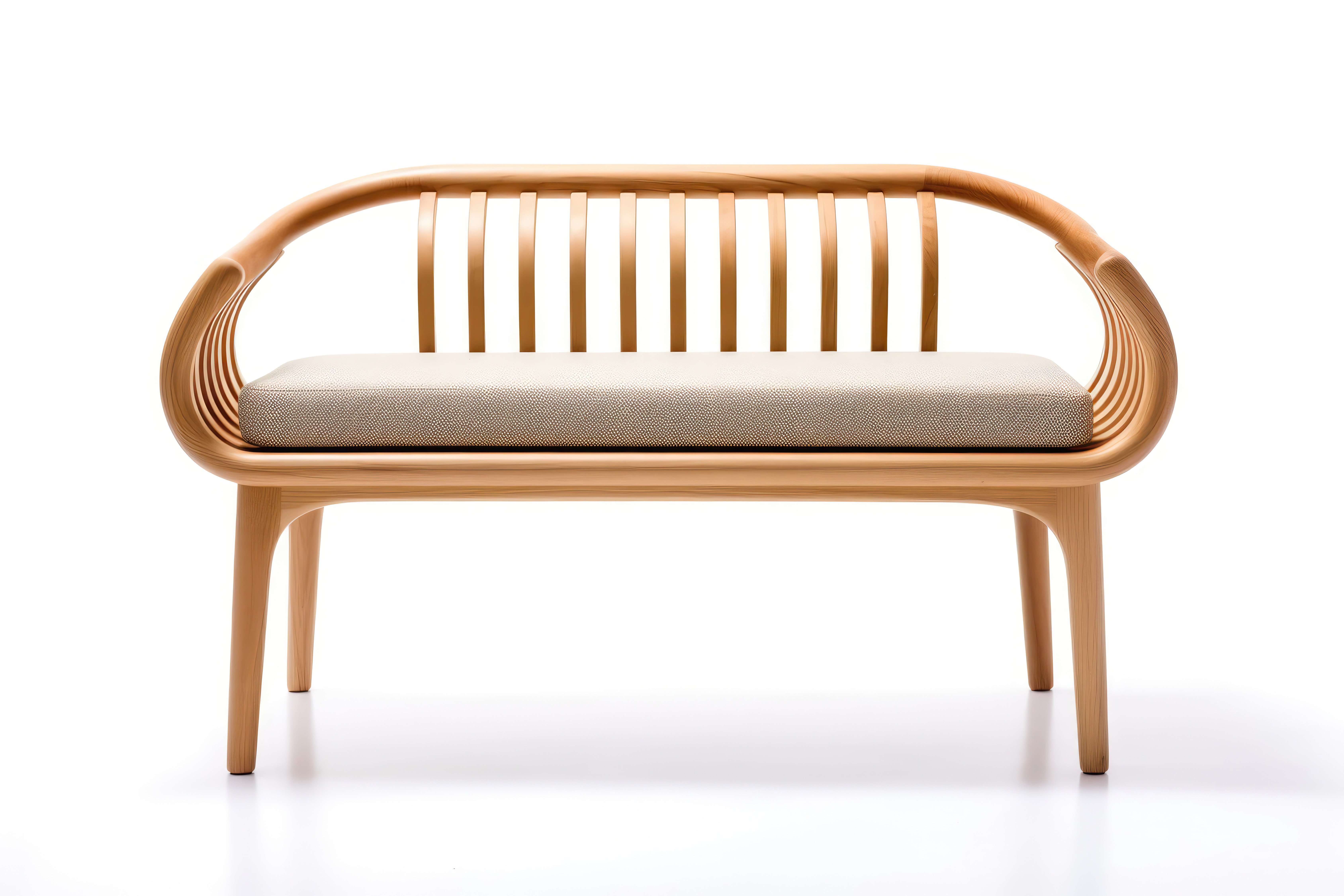 Eine Sitzbank mit Rückenlehne aus Holz mit einen hellen Sitzkissen.
